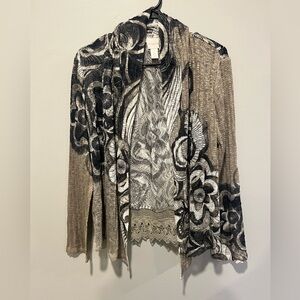 Chico’s Size 2 Printed Open Cardigan Lace Hem Lightweight Jacket